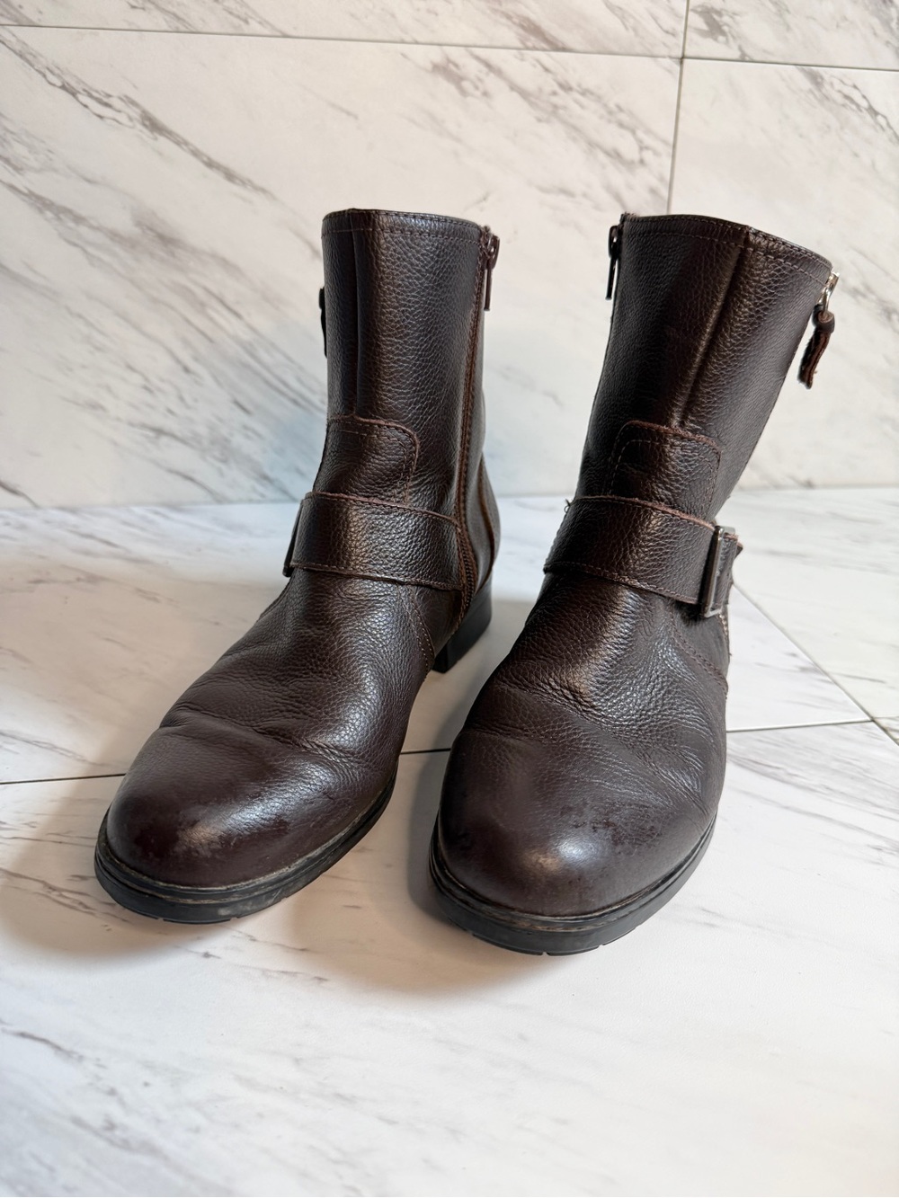 Clarks Brown Leather Harness Ankle Boots Buckle Zip Moto Booties Womens 9.5M - Picture 2 of 8